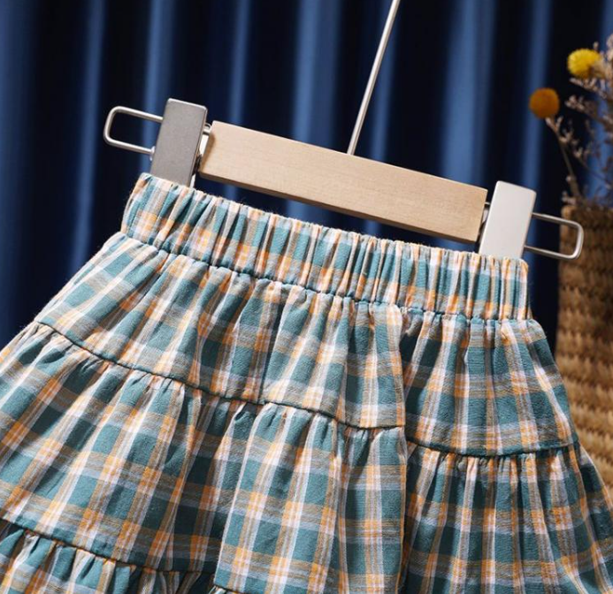 Girls' Summer Plaid Top & Skirt Set
